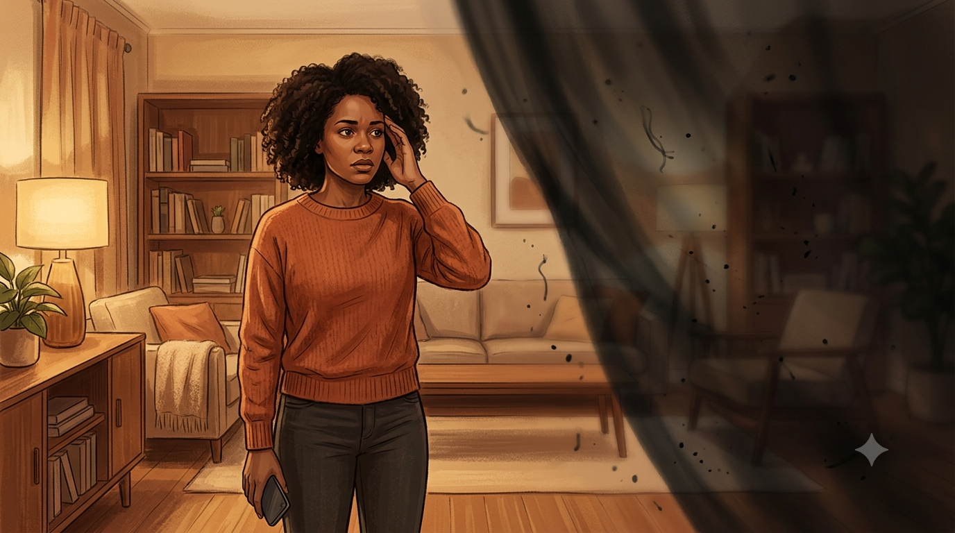 Femme afro-caribéenne portant la main à sa tempe tandis qu'un voile sombre envahit le côté de son champ de vision, illustrant les signes d'alerte du décollement de rétine