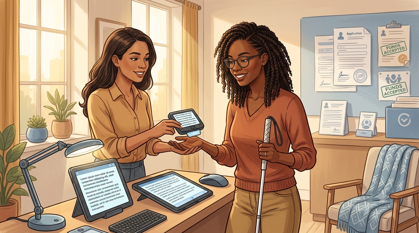 Personne afro-caribéenne malvoyante choisissant une aide technique (loupe, tablette) dans un magasin spécialisé, illustrant le financement des aides techniques