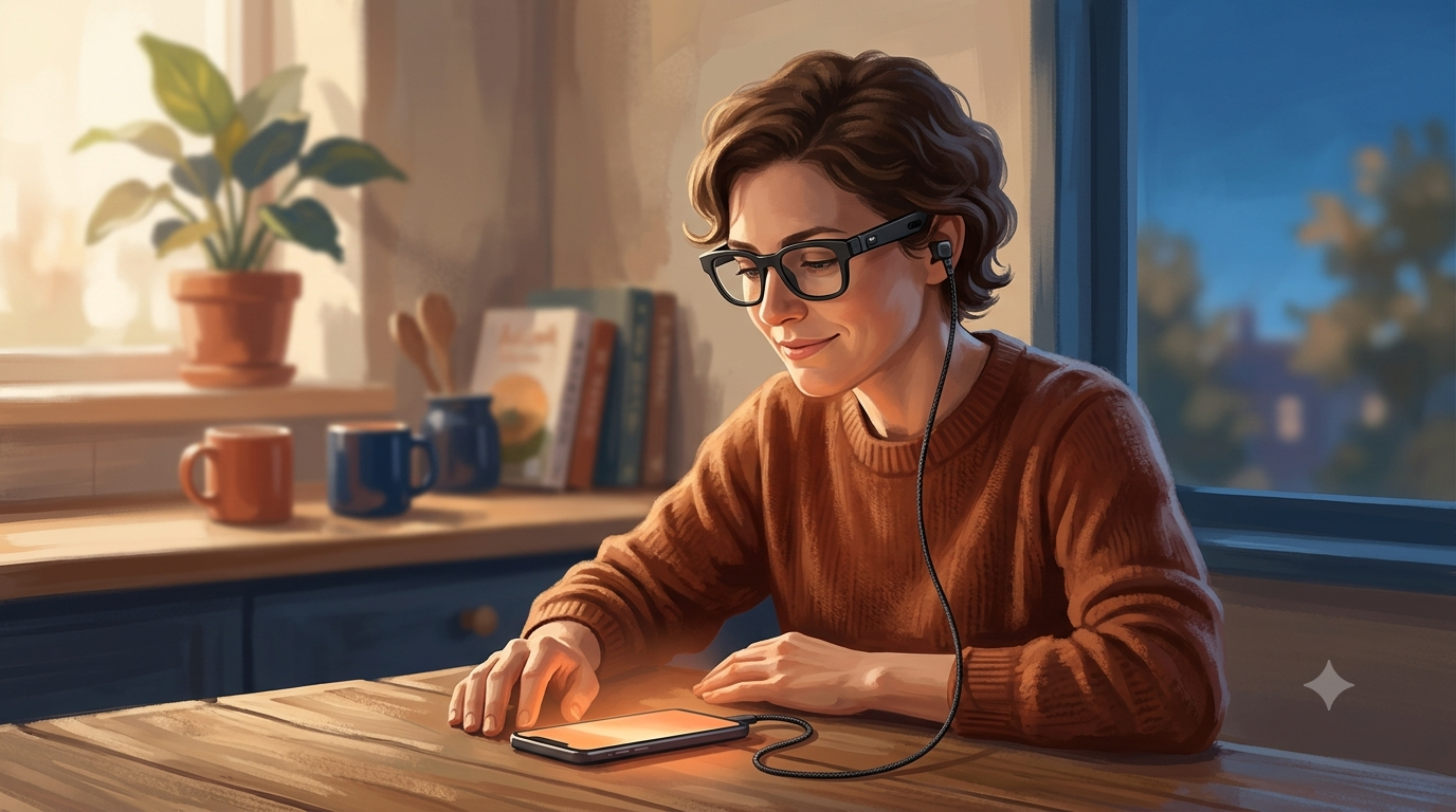 Personne malvoyante assise à une table de cuisine, portant des lunettes connectées reliées par un fin câble à un smartphone posé devant elle, illustrant le système eMacula d'Innovega