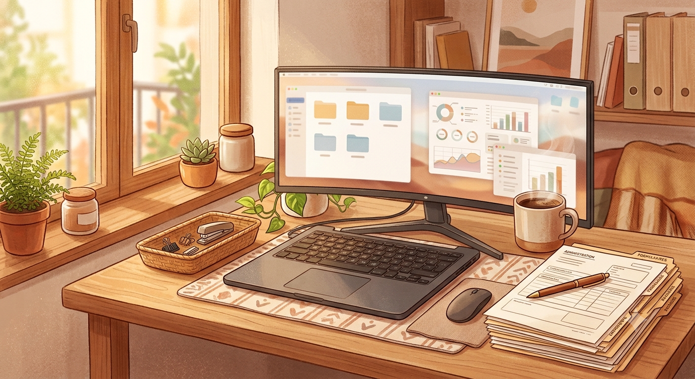 Bureau à la maison avec des documents administratifs, un ordinateur portable et une tasse de café, lumière chaude et ambiance calme.
