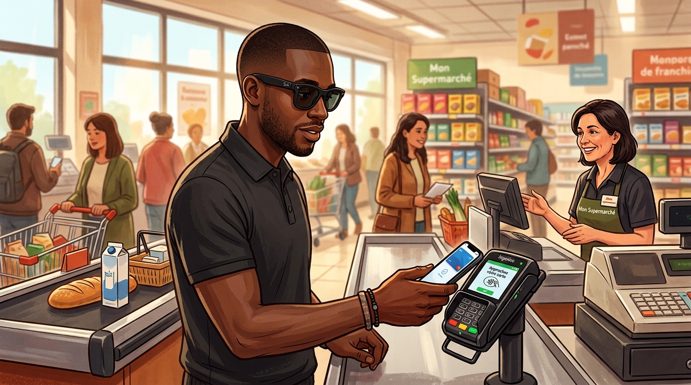 Homme afro caribeen avec Ray-Ban Meta payant sans contact avec son smartphone en caisse de supermarche