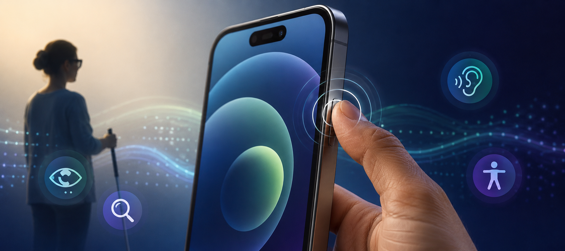 Visuel représentant un iPhone avec des ondes lumineuses, entouré d'icônes d'accessibilité (œil, oreille, loupe, silhouette), avec une personne utilisant une canne blanche en arrière-plan.