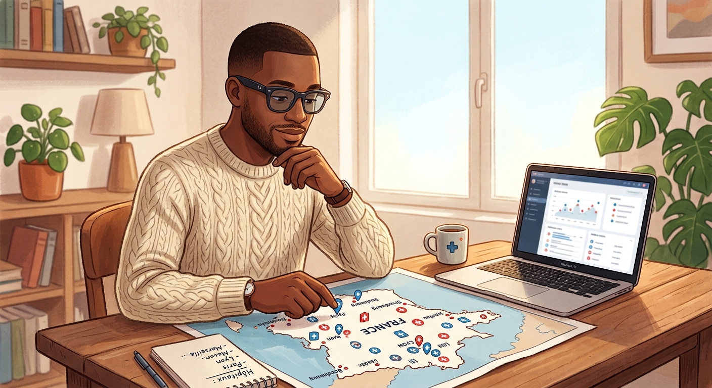Homme afro caribeen consultant une carte de France avec des lieux specialises pour la retinite pigmentaire