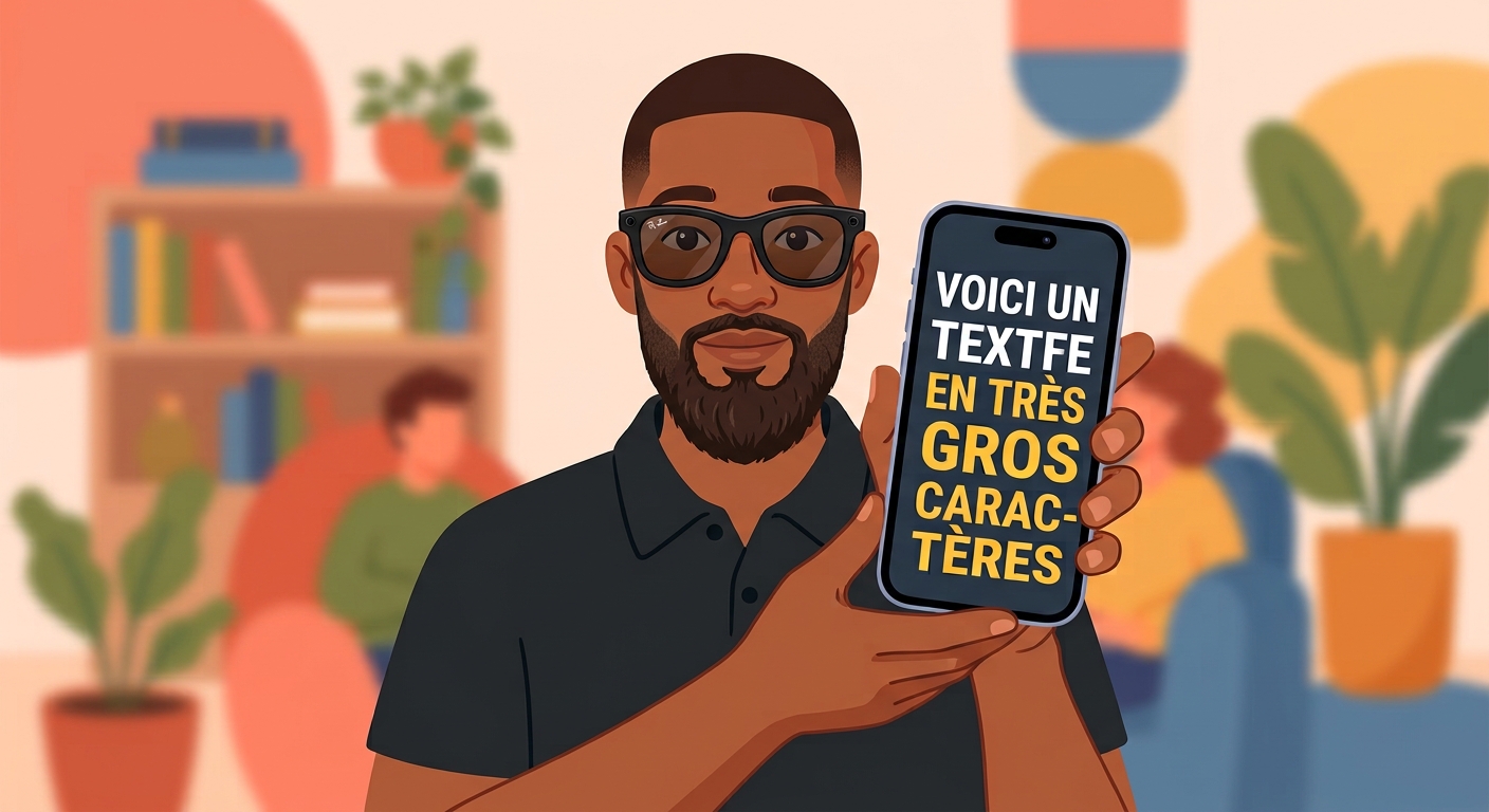 Illustration d'un homme afro-caraïbe regardant l'écran agrandi et contrasté de son iPhone avec du texte en très gros caractères.