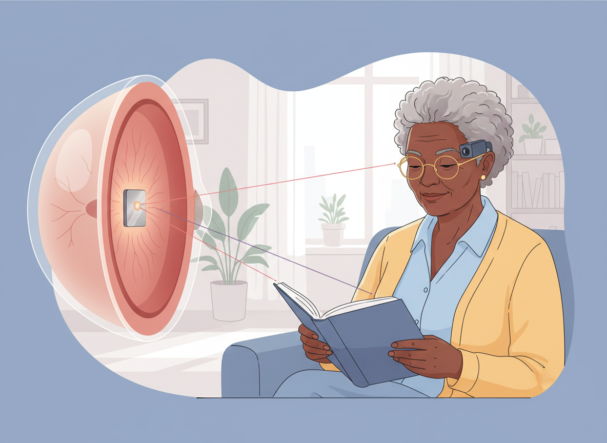 Illustration d'une femme afro-caribéenne d'une soixantaine d'années, avec des lunettes équipées d'une caméra, qui lit un livre. À côté, une coupe d'œil montre une petite puce posée sous la rétine, au fond de l'œil, avec de la lumière infrarouge envoyée depuis les lunettes.