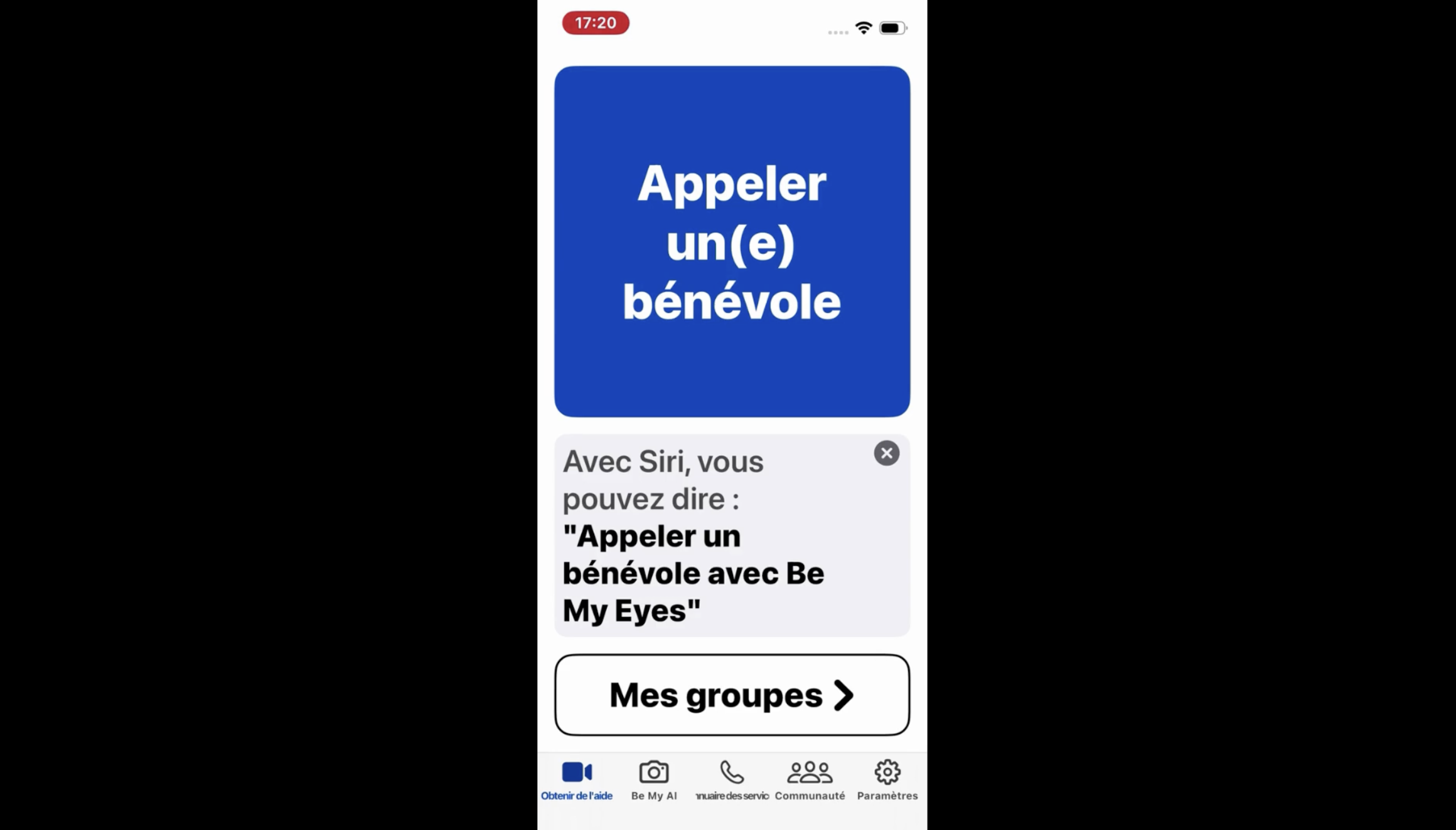 Application Be My Eyes sur iPhone avec le bouton « Appeler un(e) bénévole » pour obtenir de l'aide visuelle en direct.